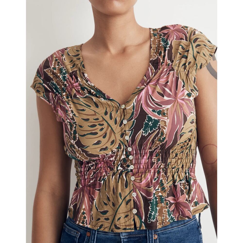 Madewell Shirred Cap-Sleeve Top in Brushstroke Monstera sz XS